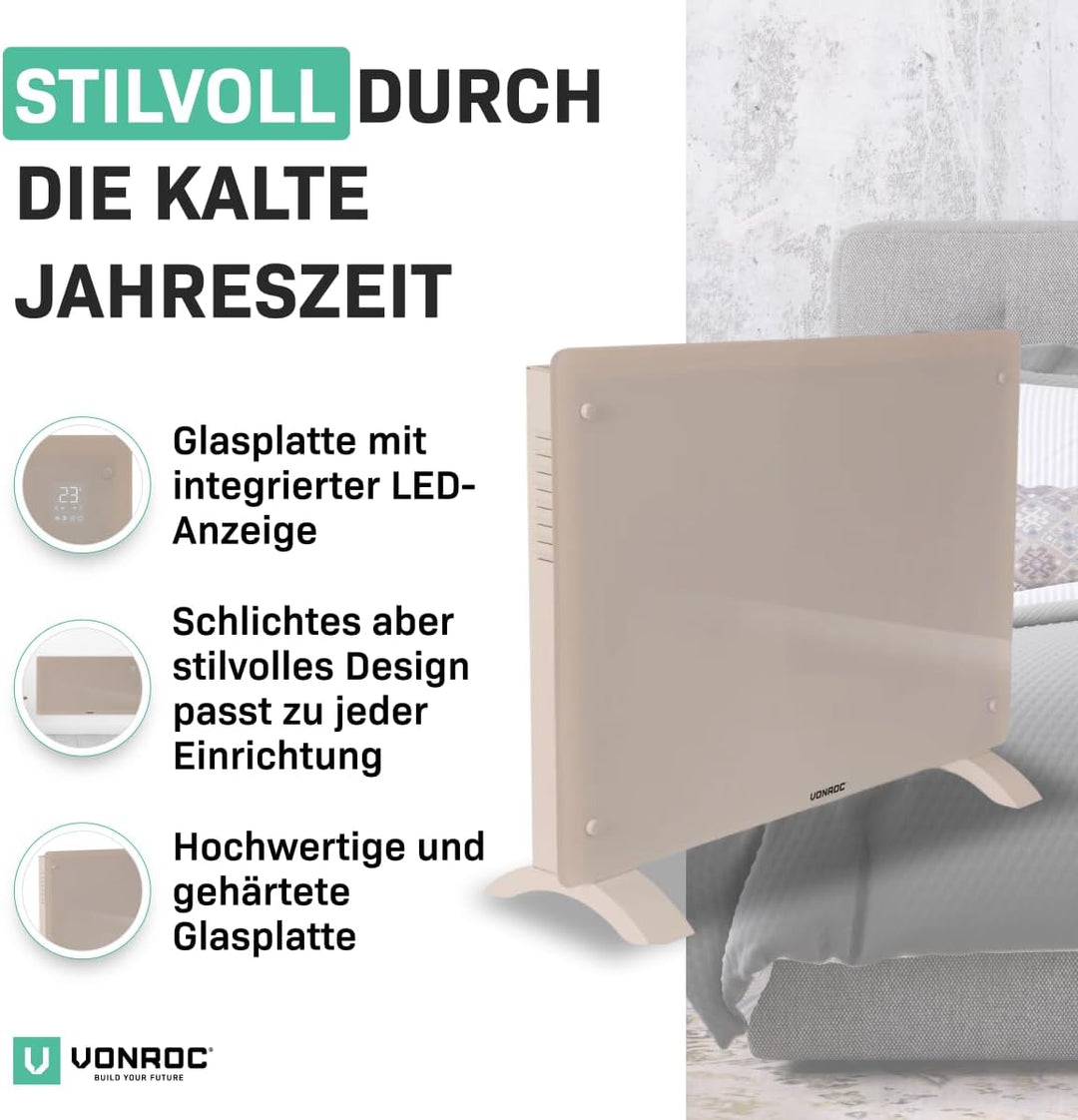 VONROC Elektroheizung energiesparend 1500W - Konvektor Heizung [18qm Räume] - Mobile Elektrische Hei