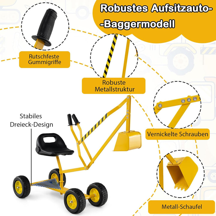 DREAMADE Sandbagger für Kinder, Aufsitzbagger mit 360° drehbarem Sitz, flexiblem Schaufelarm, ergono