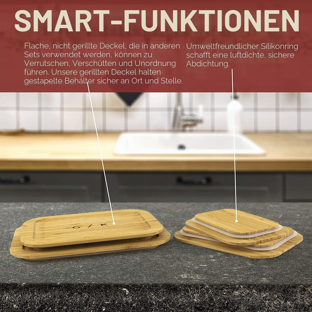 Gramercy 4x Glas Frischhaltedosen mit Deckel, Kunststoff- & BPA-freie Glasbehälter für Küche, Luftdi
