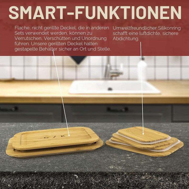 Gramercy 4x Glas Frischhaltedosen mit Deckel, Kunststoff- & BPA-freie Glasbehälter für Küche, Luftdi