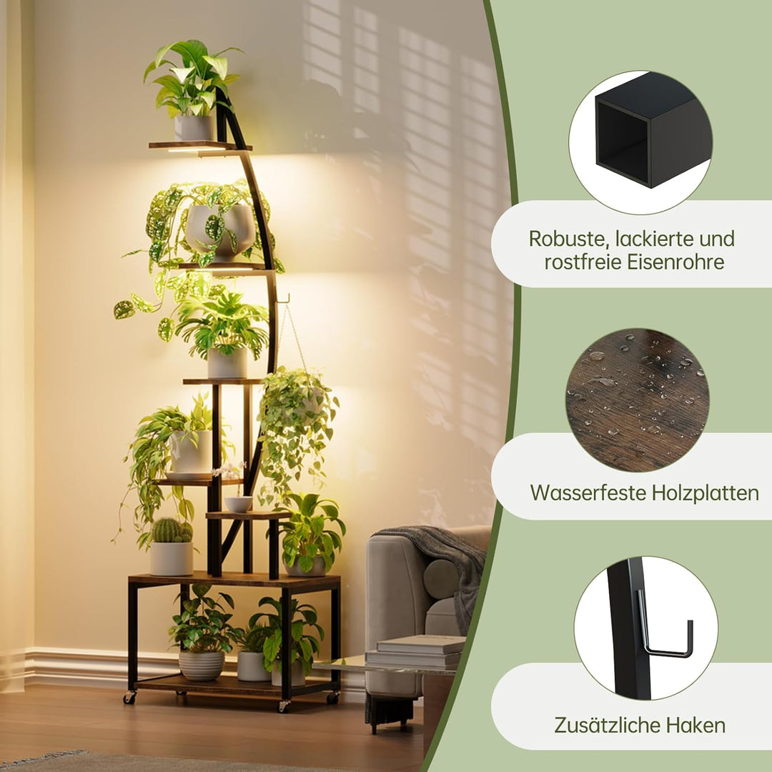 HAUSPROFI Pflanzenständer mit LED-Wachstumslicht (Warmweiss), Blumenständer 7 Ebenen 165cm, Pflanzen