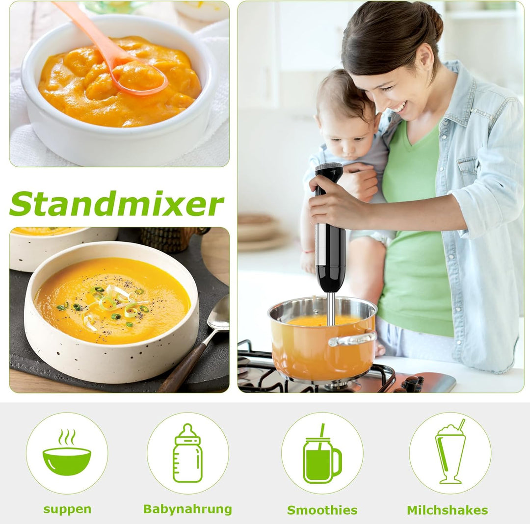 Bonsenkitchen Stabmixer 4-in-1, 1000W Elektrischer Pürierstab mit stufenloser Geschwindigkeitsregelu