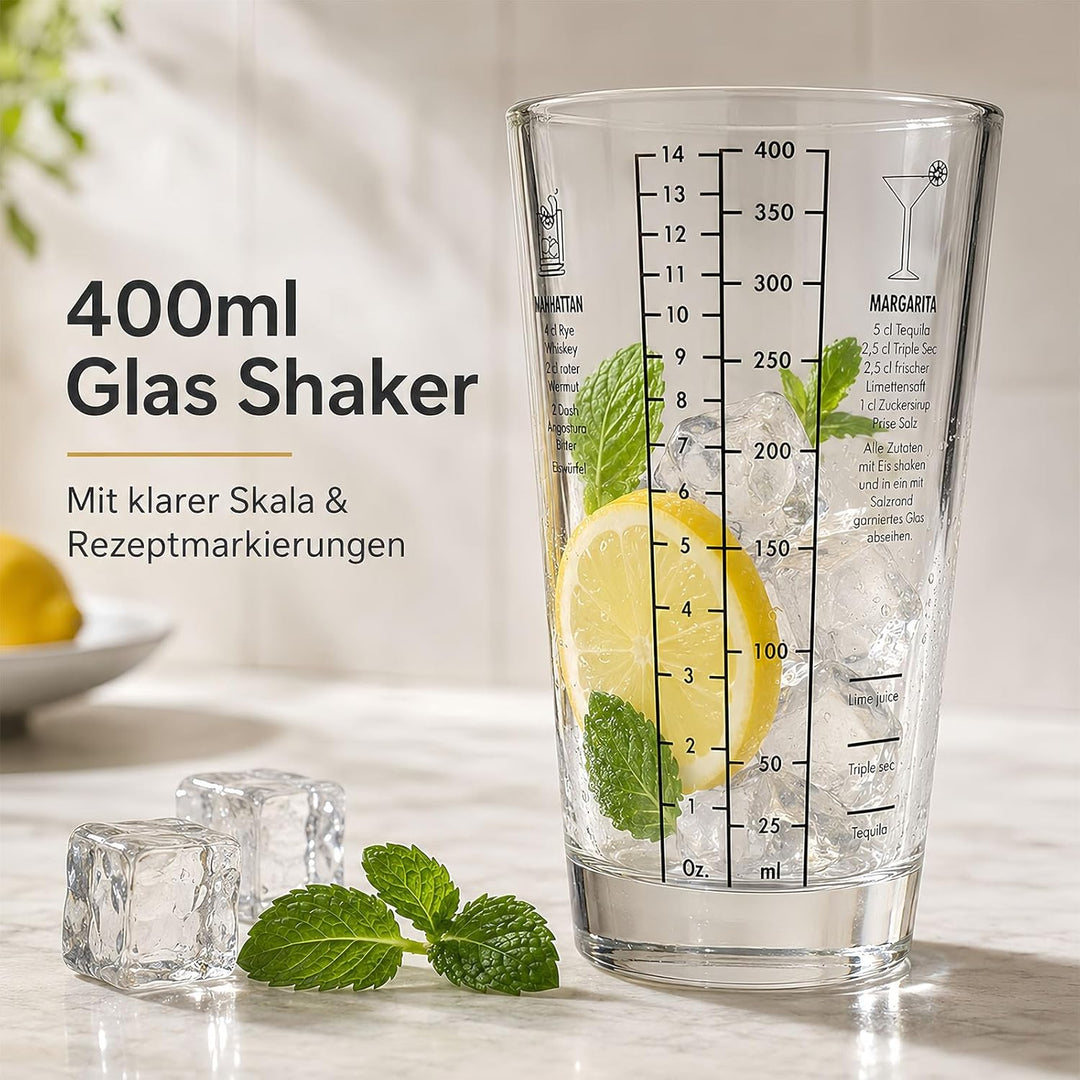 Cocktail Shaker, 400ml Professional Glas Cocktail Set, Cocktailshaker Zubehör Messbecher Coctail Mix