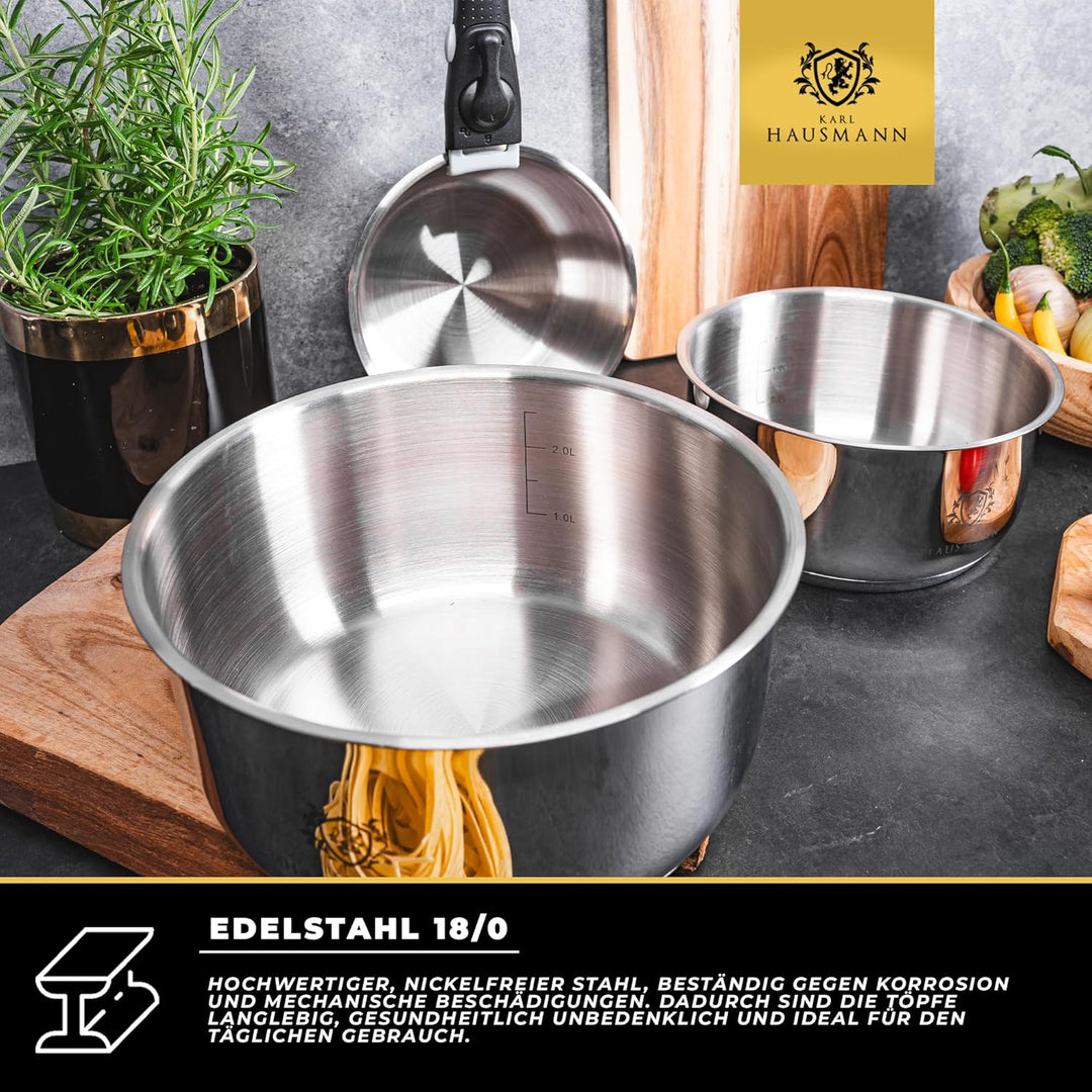 Topfset Induktion mit Abnehmbarer Griff - 3-Teilig - Edelstahl Kochtöpfe für Alle Herdarten - Kochto