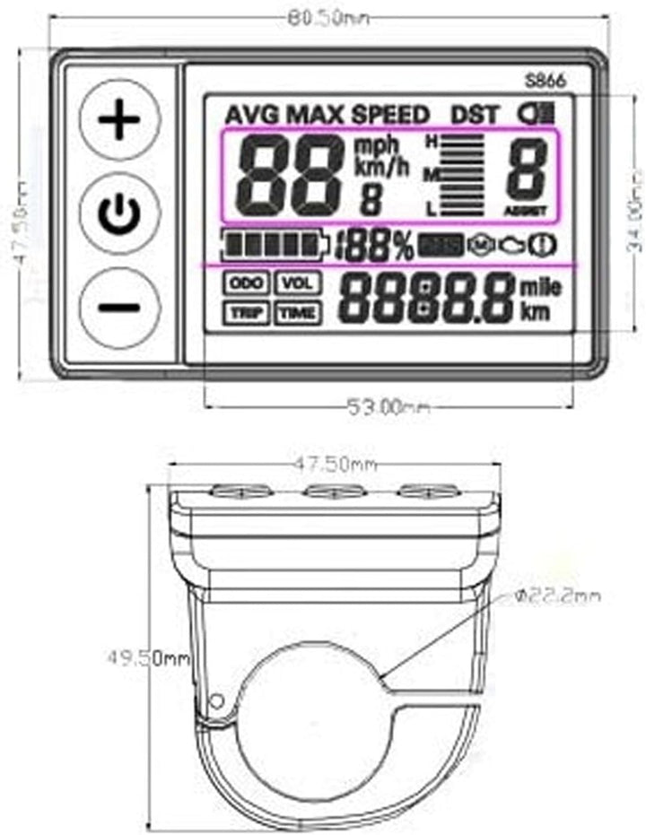Dioche Elektrofahrrad Display, Elektrofahrrad S866 LCD-Anzeige 24 V, 36 V, 48 V, Bedienfeld mit wass