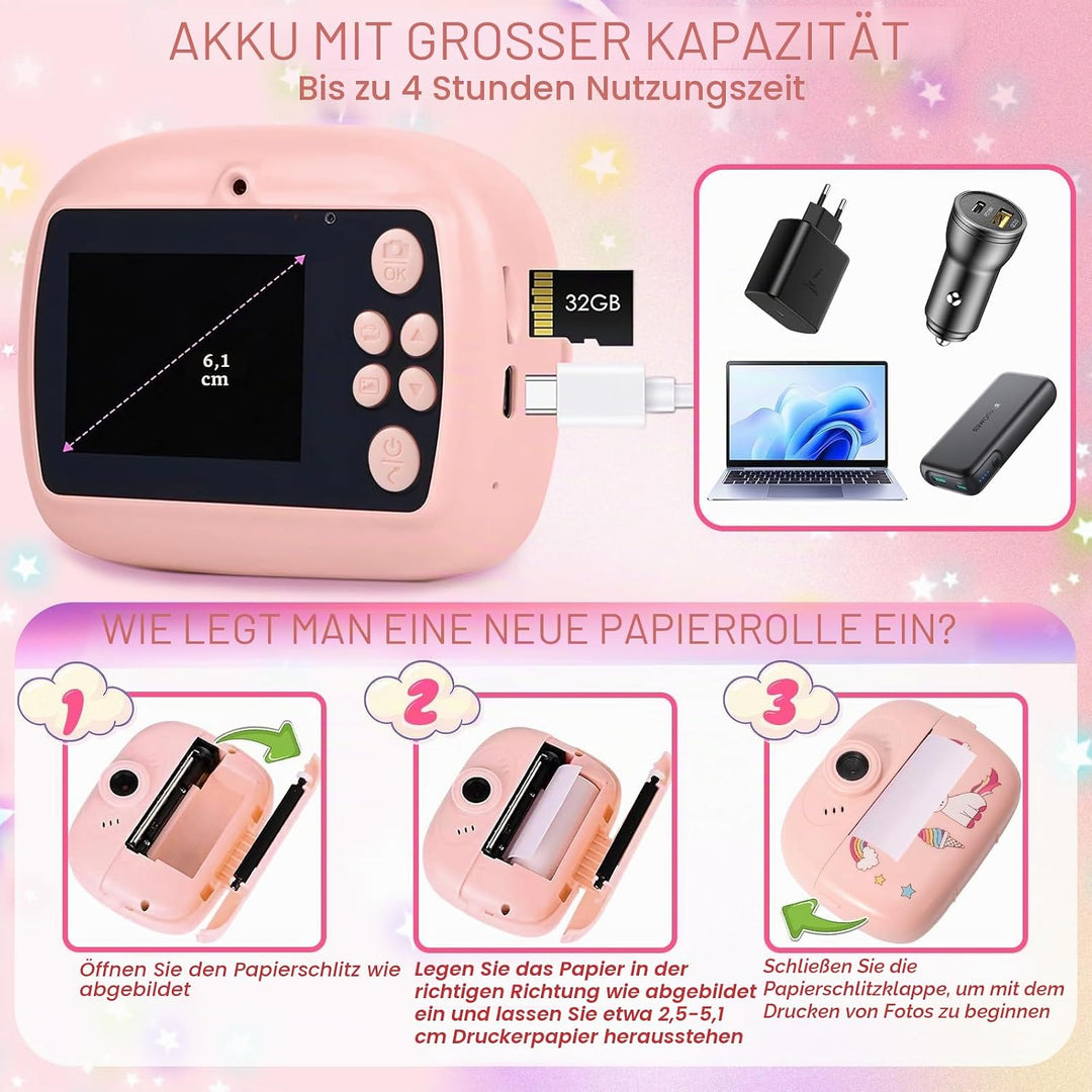 Sofortbildkamera Kinder, 2,4 Zoll Bildschirm 1080P HD Kinderkamera, mit 32GB Karte und 3 Rollen Foto