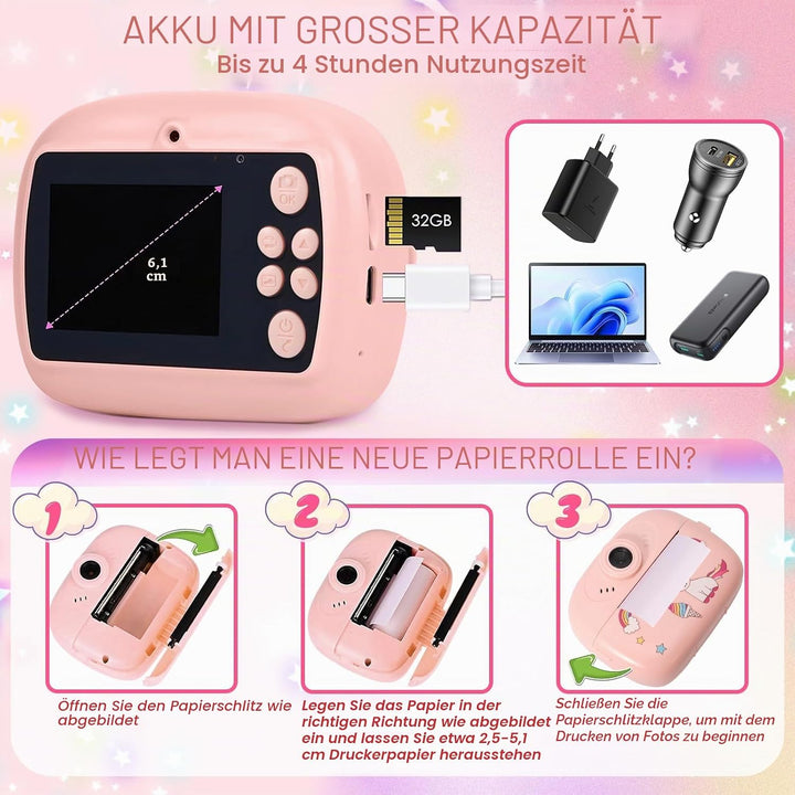 Sofortbildkamera Kinder, 2,4 Zoll Bildschirm 1080P HD Kinderkamera, mit 32GB Karte und 3 Rollen Foto
