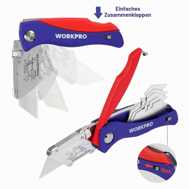 WORKPRO Teppichmesser Faltbares Universalmesser, Cutter Messer mit Klingenaufbewahrung und Gürtelcli