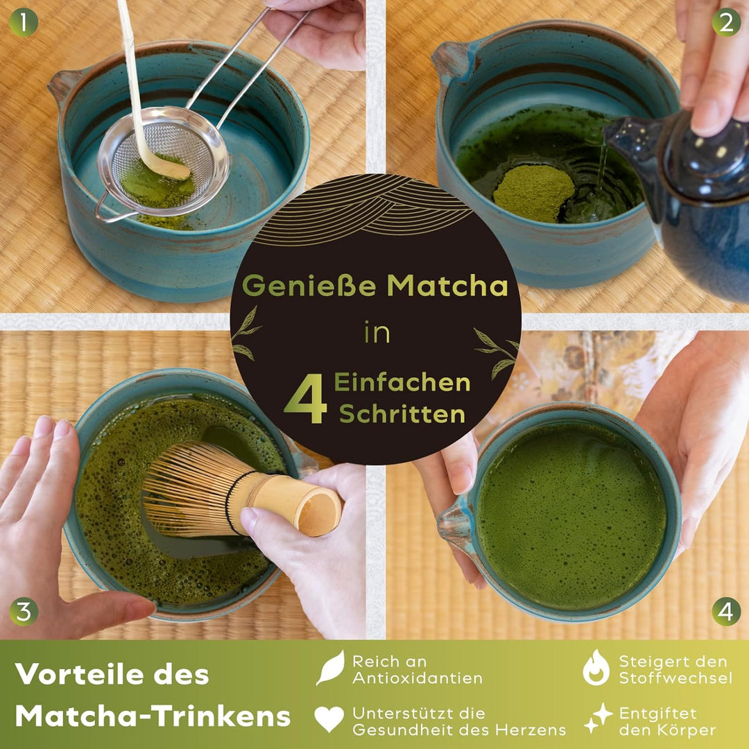 HIBINO Japanisches Matcha Set – Matcha Schale mit Ausguss, Matcha Besen & Halter, Bambus Löffel & Ed