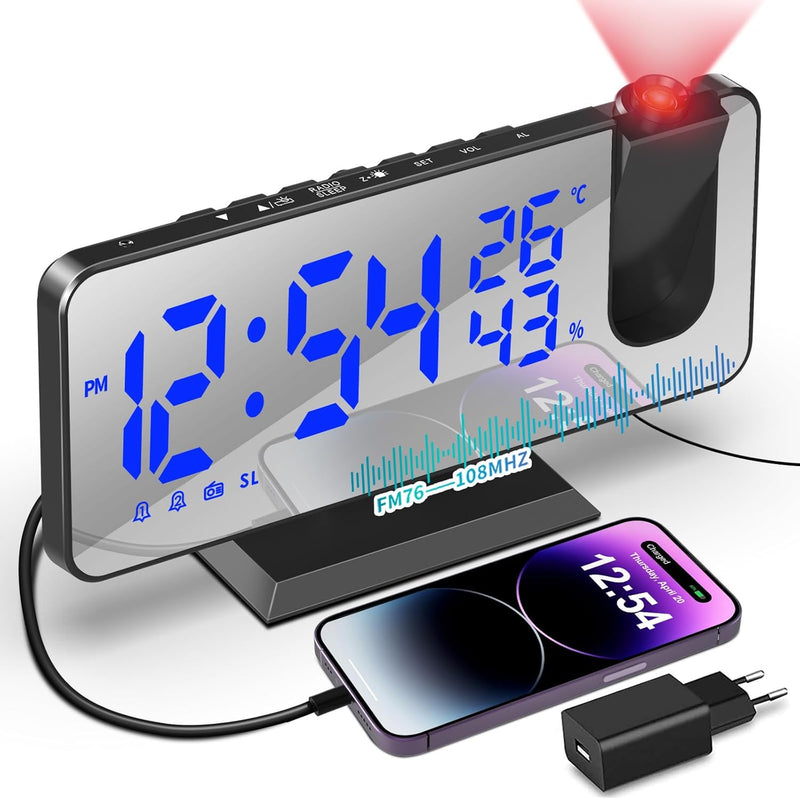 TAKRINK Wecker Digital Radiowecker mit 4 Stufen Bildschirmhelligkeit Projektionswecker mit Temperatu