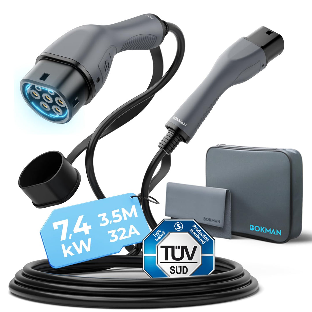 bokman Typ 2 Ladekabel, Modus 3 / 32A / 7,2 kW / 1-Phasig / 3,5 Meter, Typ 2 auf Typ 2 EV Ladekabel