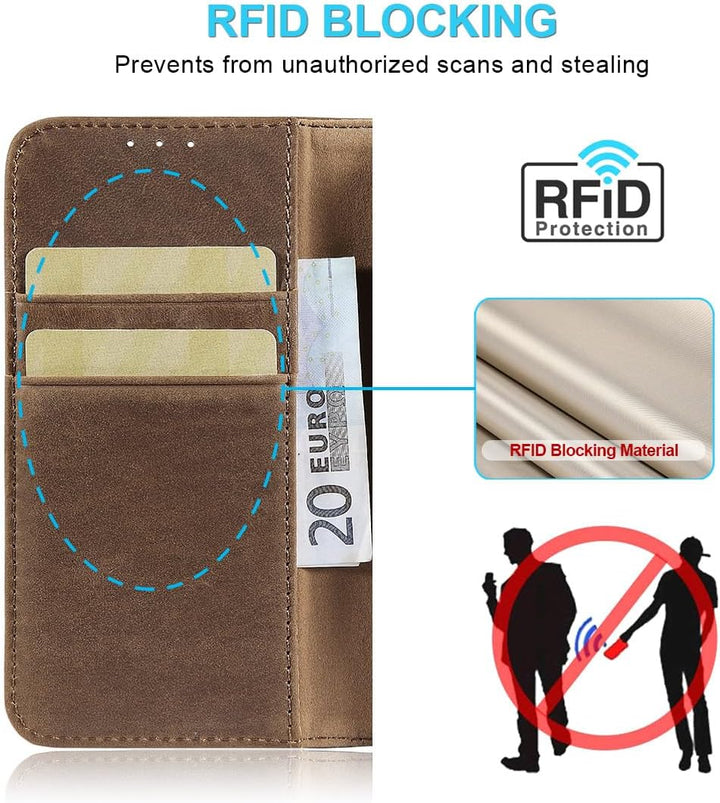LENSUN Echtleder Hülle für iPhone 13 Mini, Handyhülle [Echtes Leder][Stand-Funktion][RFID Schutz] Ha