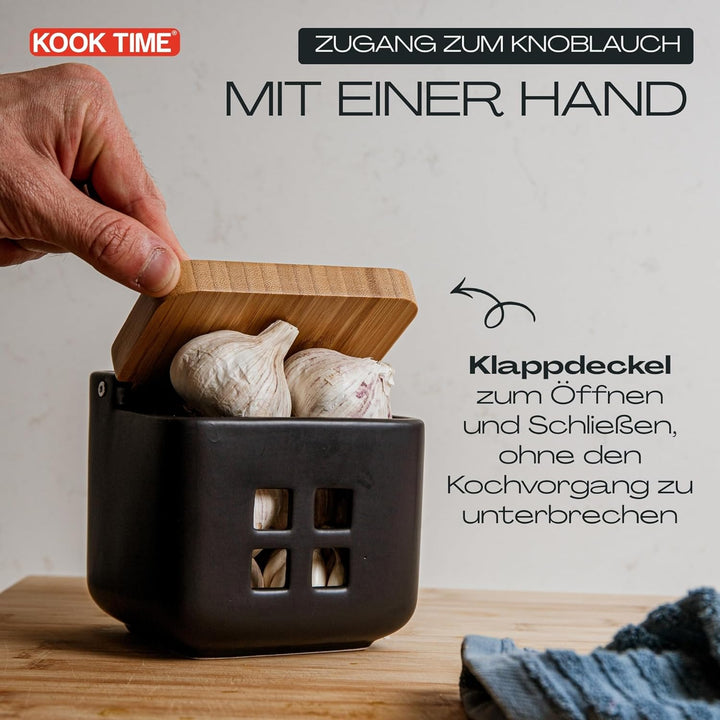 Kook Time Knoblauch Dose - Matt Schwarz Keramik Knoblauchtopf mit Bambusholz Deckel, Perfekte Knobla