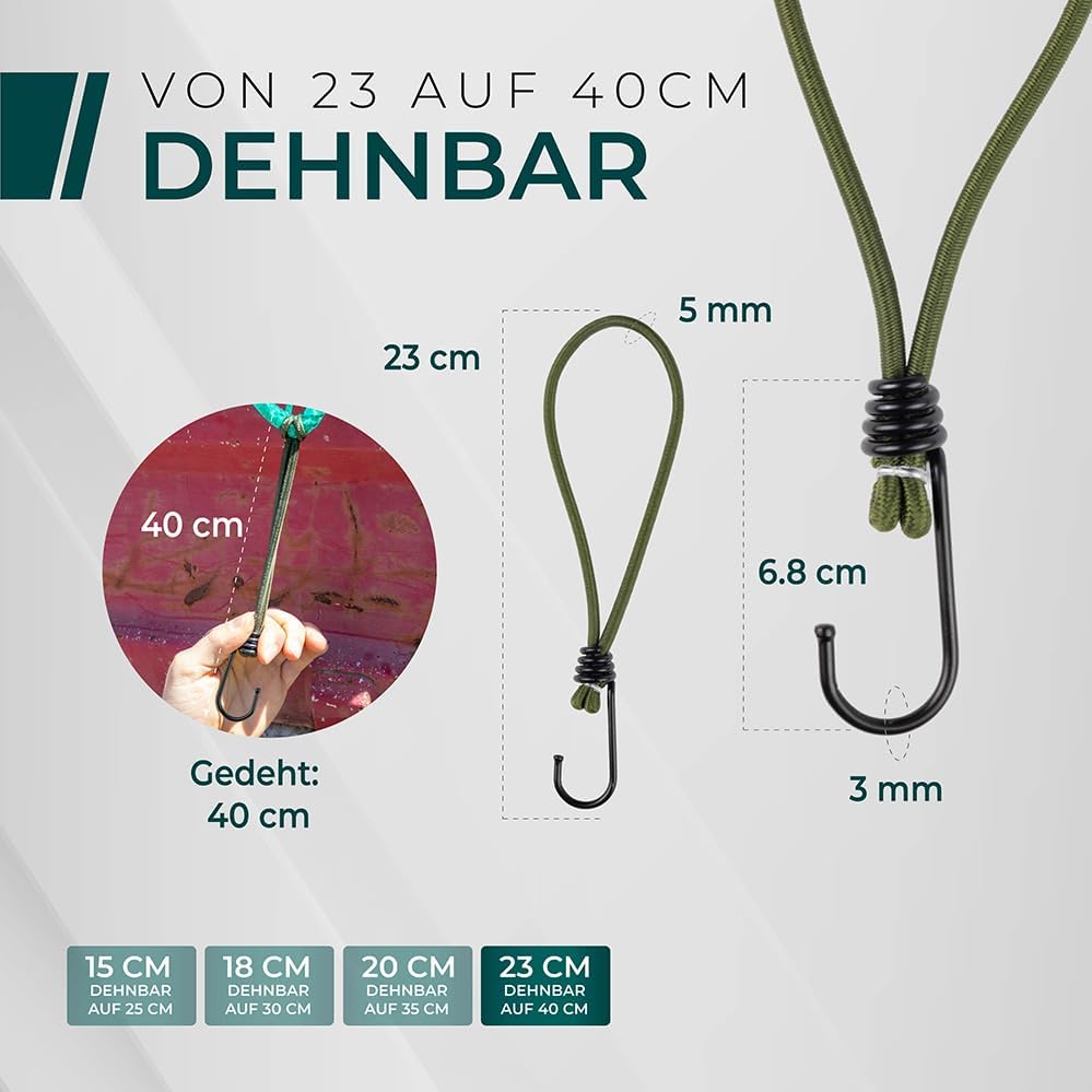 CargoVA® - 20 Spanngummis mit Haken und praktischer Tasche - Expanderhaken für Planen und Netze Oliv
