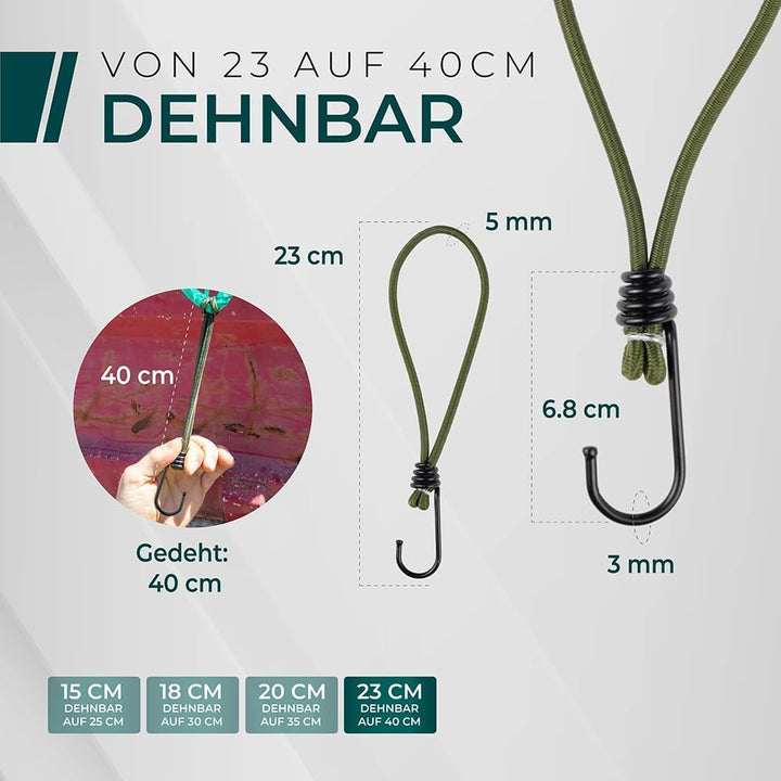CargoVA® - 20 Spanngummis mit Haken und praktischer Tasche - Expanderhaken für Planen und Netze Oliv