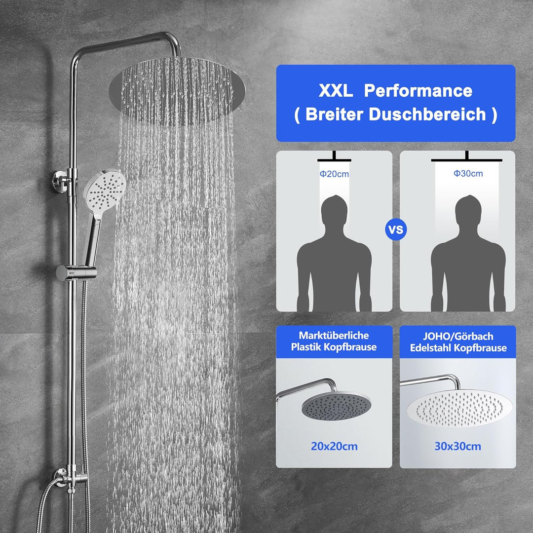 JOHO 304 Edelstahl Duschsystem ohne Armatur, Chrom Regendusche set mit Wandhalterung, Duschkopf mit