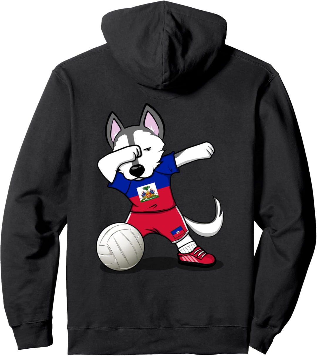 Dabbing Husky Hund Haiti Volleyball Mannschaft Flagge Sport Pullover Hoodie