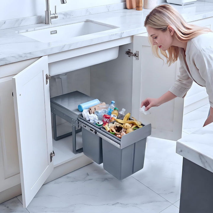 Einbaumülleimer Küche 2 Fächer (2x15L) – Mülltrennsystem,5-Punkt-Verstärkung,ausziehbarer Unterschra