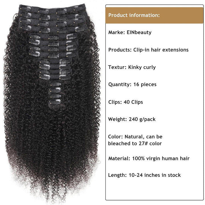 Kinky Curly Clip in Extensions Echthaar.16 Teile 240 g.Invisible Echthaar Perücke Extensions Clip in