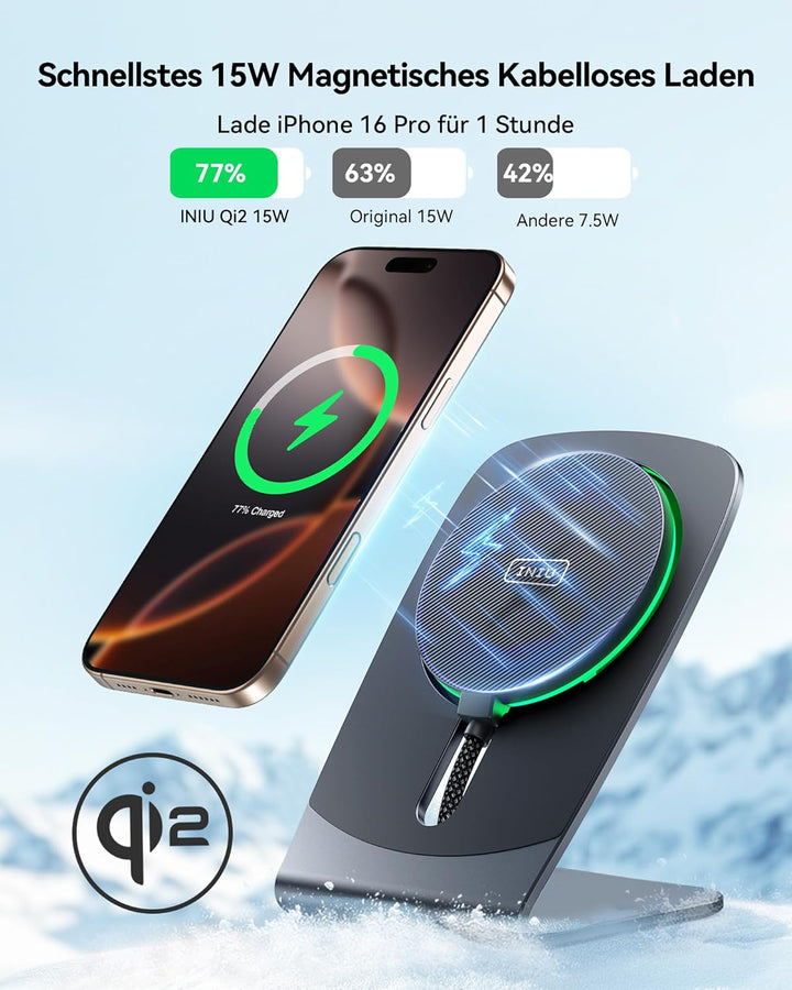 INIU Induktive iPhone Ladestation, 15W Qi2-Zertifiziertes Handy Magnetisch Kabelloses Ladegerät, Mag