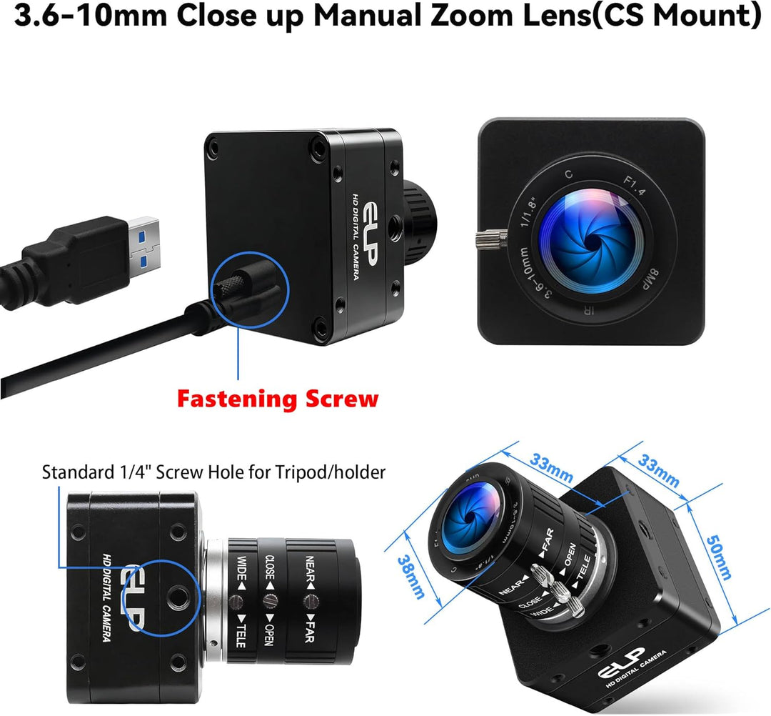 ELP USB 3.0 Webcam (60 fps),4K IMX678 Industriekamera für schlechte Lichtverhältnisse,3,6–10 mm 3-Fa