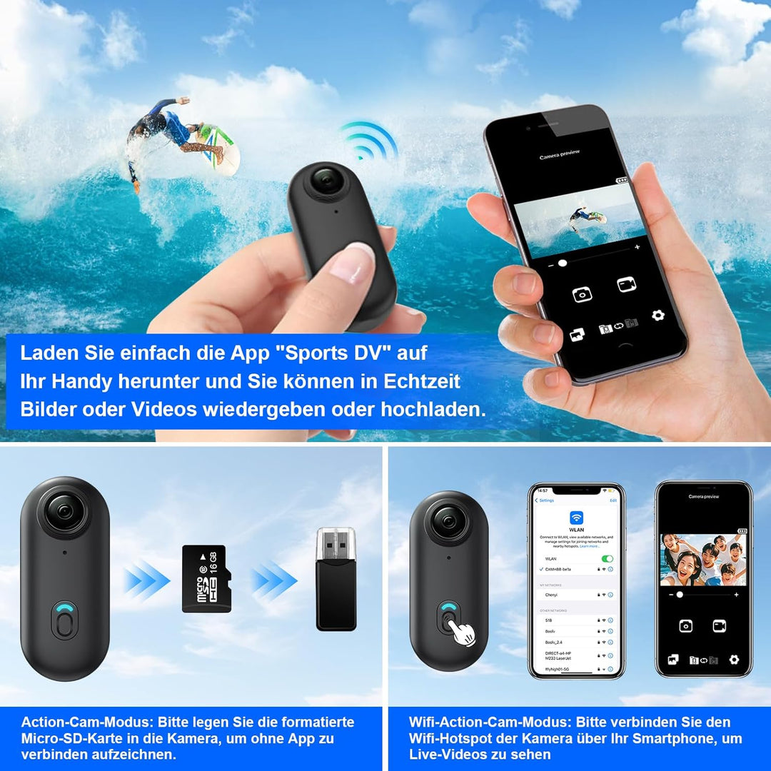 Daumen Action Cam, Motorrad Mini WiFi Kamera HD 1080P Body Kamera, Magnetische Sporthelmkamera mit 3
