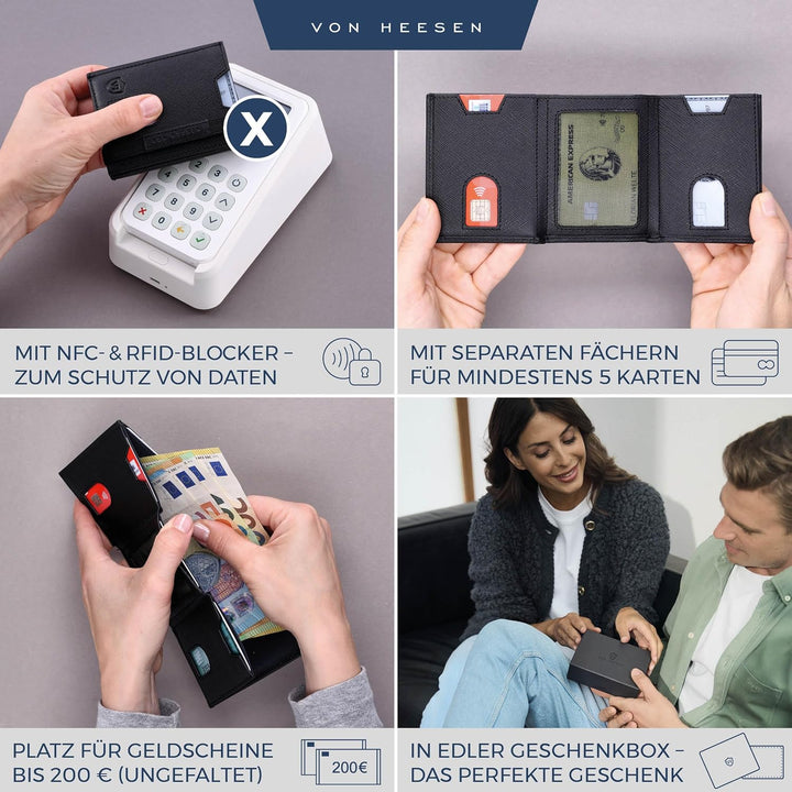 VON HEESEN Slim Wallet mit XL Münzfach &amp; RFID-Schutz - Leder Geldbeutel - Mini Geldbörse für Herren