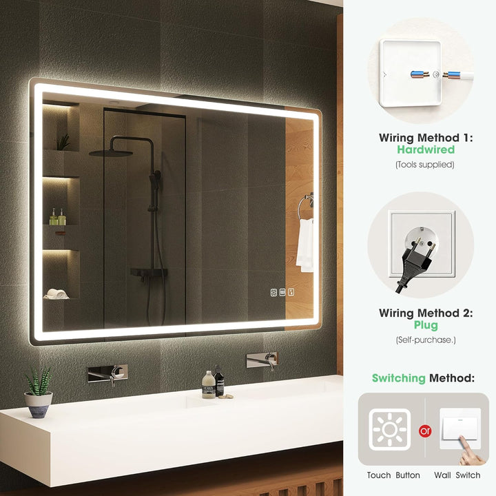 S'bagno Bluetooth-Badspiegel-mit-Beleuchtung-100x70cm, LED-Badezimmerspiegel mit Entfoggen, 3000K-65