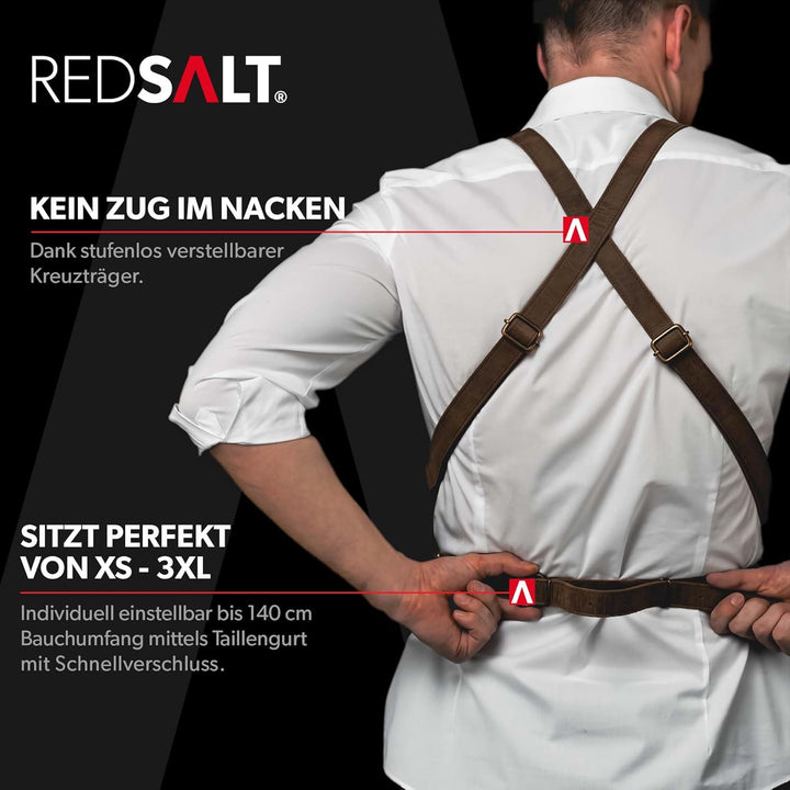 REDSALT® Premium Lederschürze 100% Büffel Leder 84x62cm Crossback braun | Profi BBQ Grillschürze | A