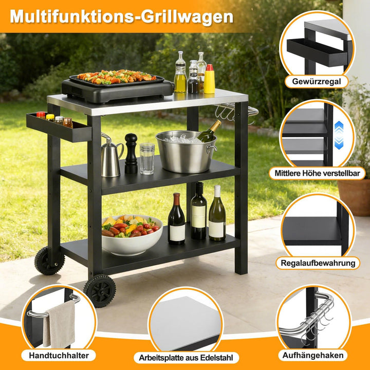 Grillwagen Höhenverstellbar, Grilltisch mit 3 Ablagen, 6 Haken, Griff & Gewürzregal, Outdoorküche Se