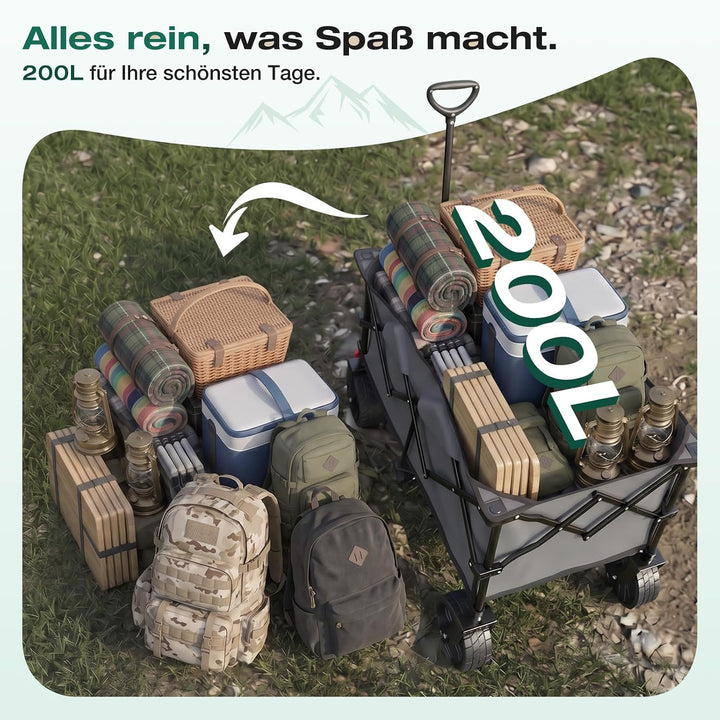 Sekey XXL Plus Bollerwagen Faltbar mit Bremsen 200L 200KG Belastbar, Extra Breite Reifen All Terrain
