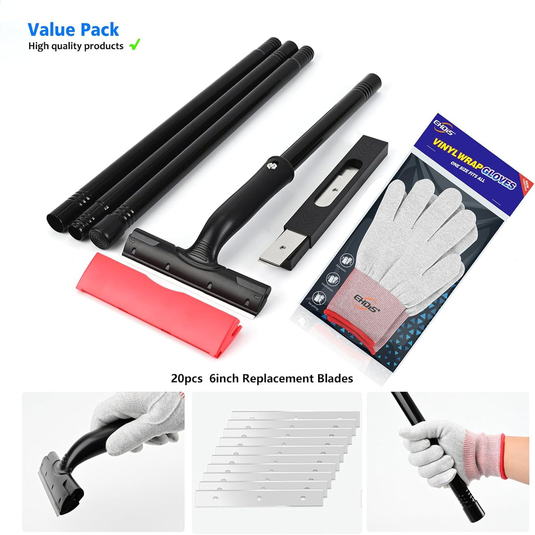 EHDIS Tapetenentferner Kit - Fensterschaber mit Ausziehbarer Griff(120cm), 20 Ersatzklingen und Hand