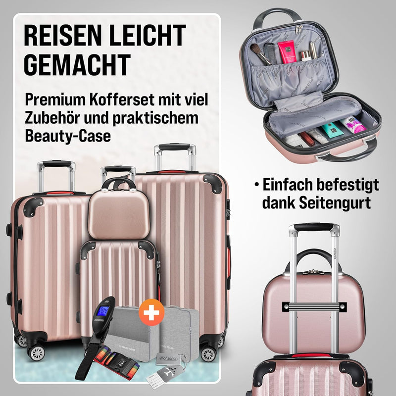 MONZANA® 4tlg Kofferset mit Beautycase Schloss Organizer Kofferwaage Gurt Gel-Griffe Zwillingsrollen