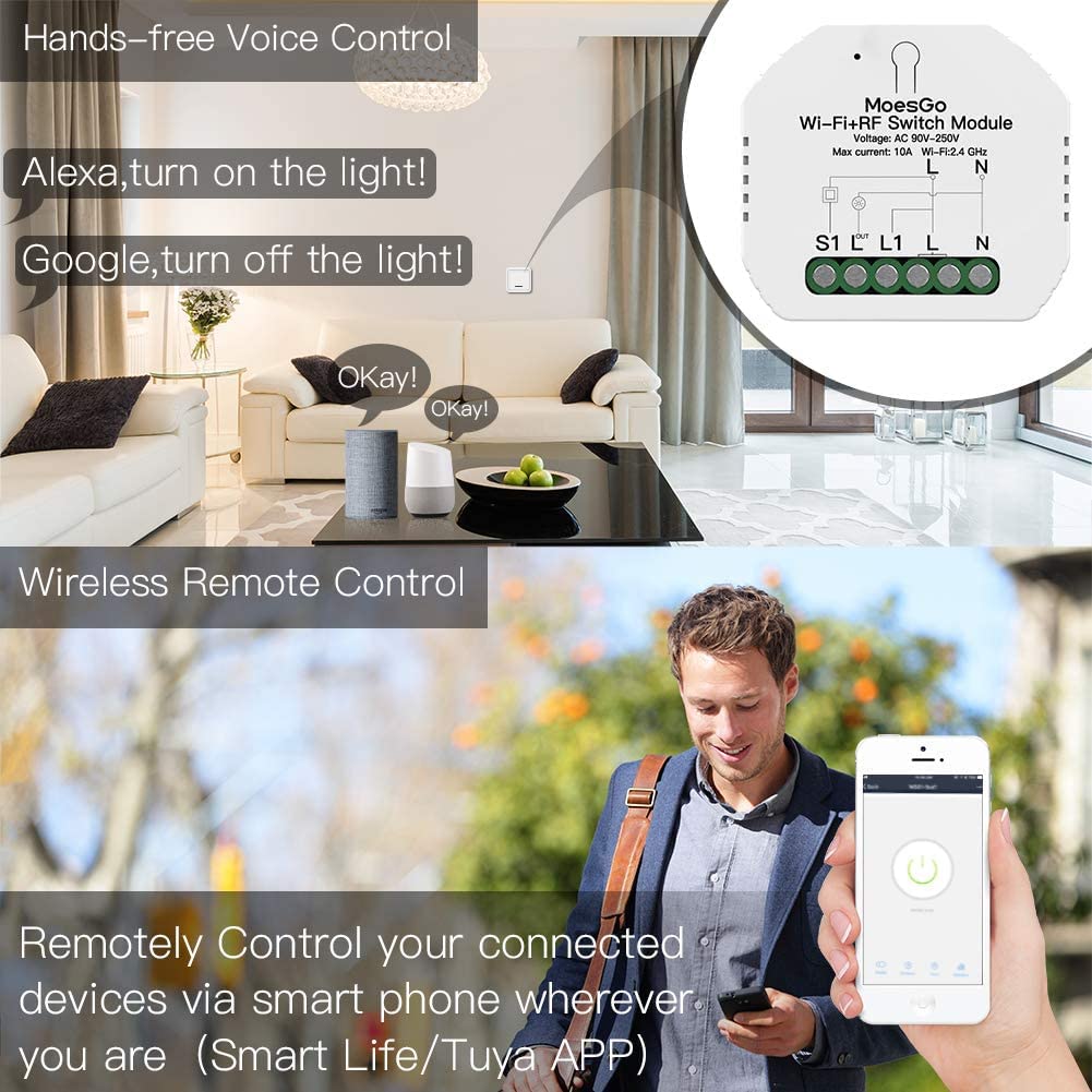MoesGo Wlan 2.4GHz Smart Alexa Lichtschalter Unterputz Funk Relais, Wireless RF433 Light Switch Modu