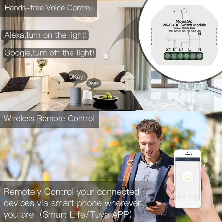 MoesGo Wlan 2.4GHz Smart Alexa Lichtschalter Unterputz Funk Relais, Wireless RF433 Light Switch Modu