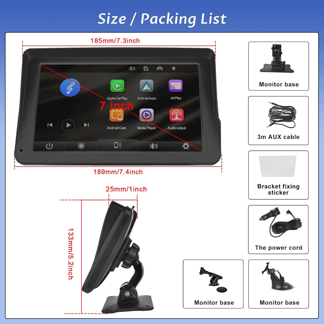 Hodozzy Wireless Carplay Android Auto Tragbarer Bildschirm, 7 Zoll Touchscreen mit AirPlay/Mirror Li