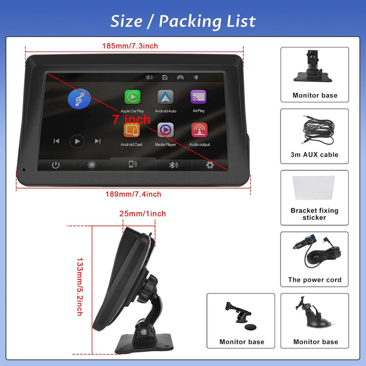 Hodozzy Wireless Carplay Android Auto Tragbarer Bildschirm, 7 Zoll Touchscreen mit AirPlay/Mirror Li