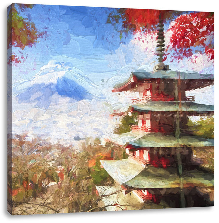 Pixxprint Japanischer Tempel im Herbst Pinsel Effekt, Format: 70x70 auf Leinwand, 70x70