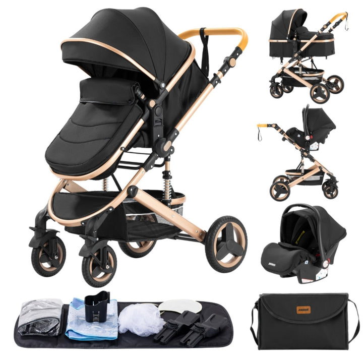 GLOKID Kinderwagen 3 in 1,Reisesysteme, Babywanne Buggy,Voll-Gummireifen,Mit Einem Klick Zusammenkla