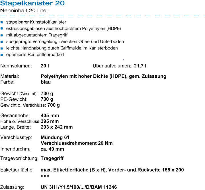 plasteo 20 Liter Getränke Wasserkanister mit 1 Hahn und Schraubdeckel (DIN 61), Blau 3x 20L, 3x 20L
