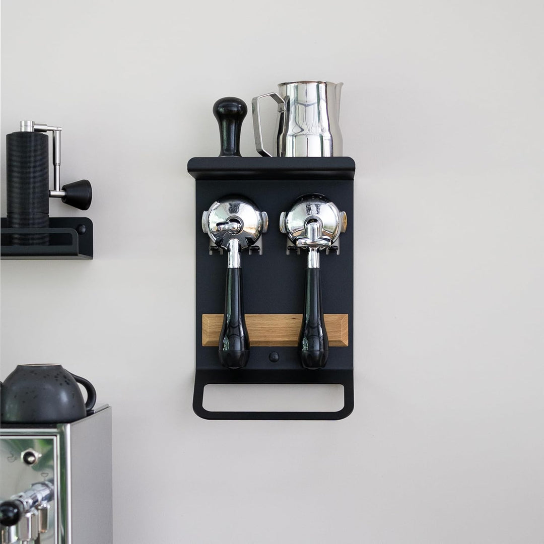 FLATE® Barista Rack Mini: Kompaktes Wandregal für Barista Zubehör mit Siebträgerhalter (Helles Graub