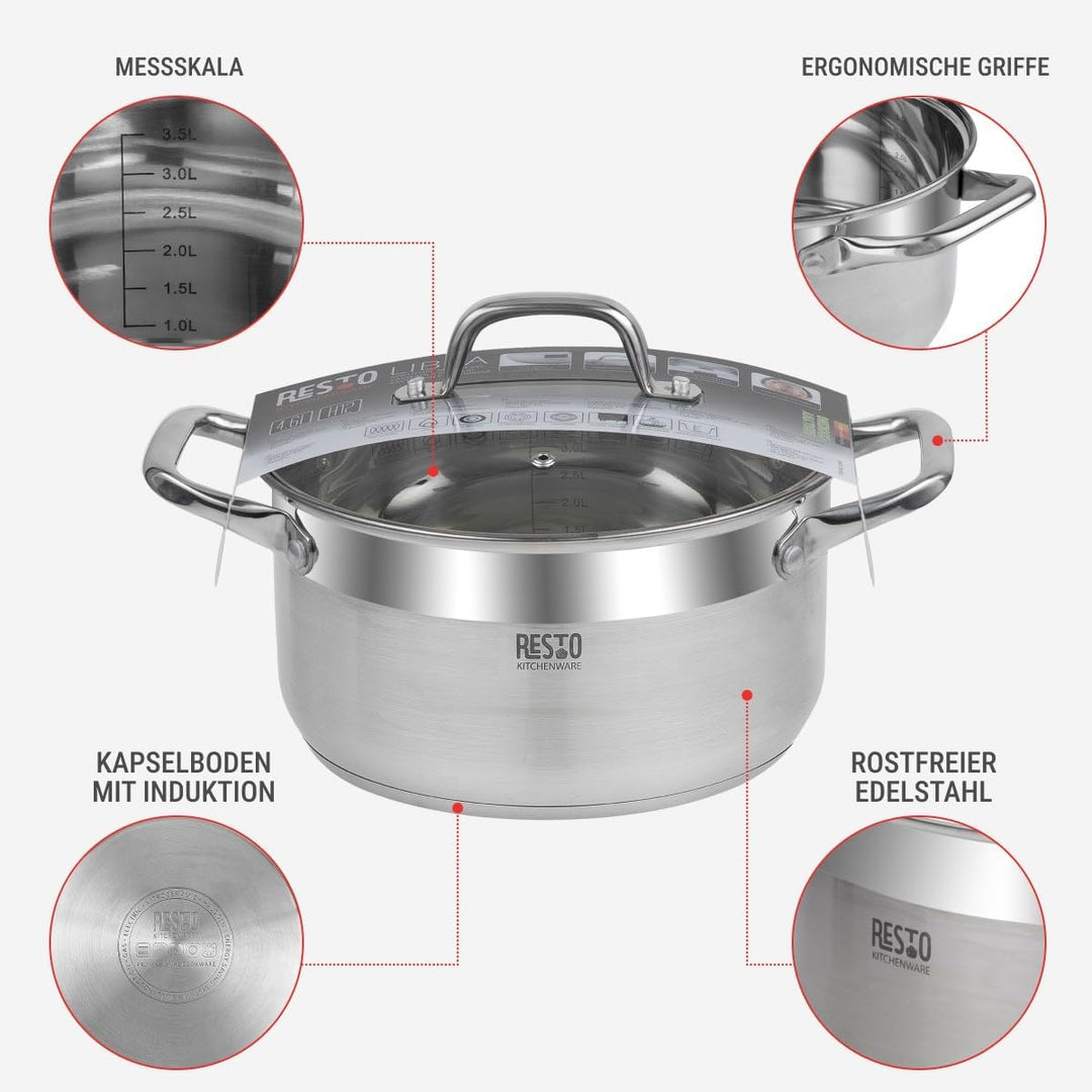 RESTO Edelstahltopf 22cm - Suppentopf, Universaltopf 3,5l - Schmortopf mit Deckel - Topf für alle He
