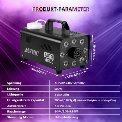 Nebelmaschine, AGPtEK Nebel Maschine mit kabelloser Fernbedienung UND aktiviertes LED Licht, 500 WAT