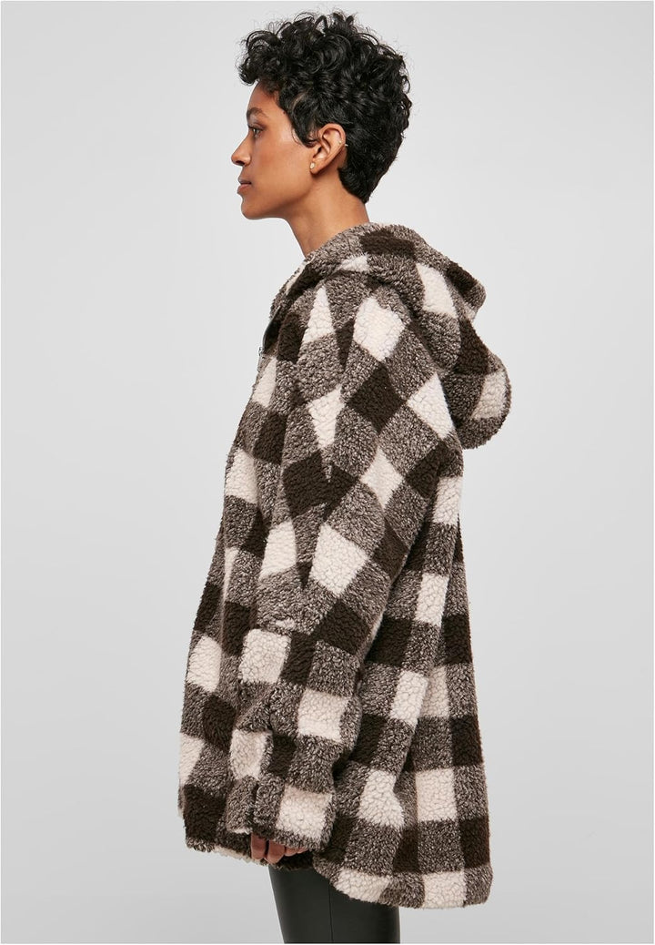 Urban Classics Ladies Hooded Oversized Check Sherpa Jacket Frauen Übergangsjacke braun S pink/brown,