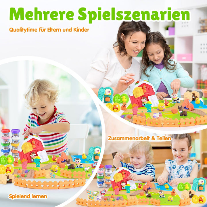 PLAY Bauernhof Knete Set für Kinder, DIY Nutztiere Knete Set mit Knetwerkzeug, Nutztierform, Farmkar