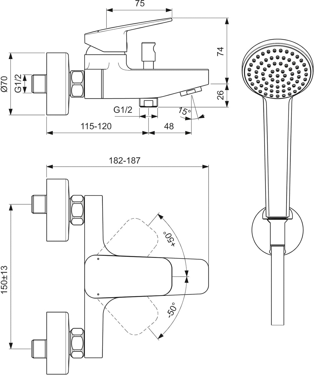 Ideal Standard BD258AA Ceraplan Badearmatur Aufputz Wanne mit Handbrause-Set Aufputz, Wanne mit Hand