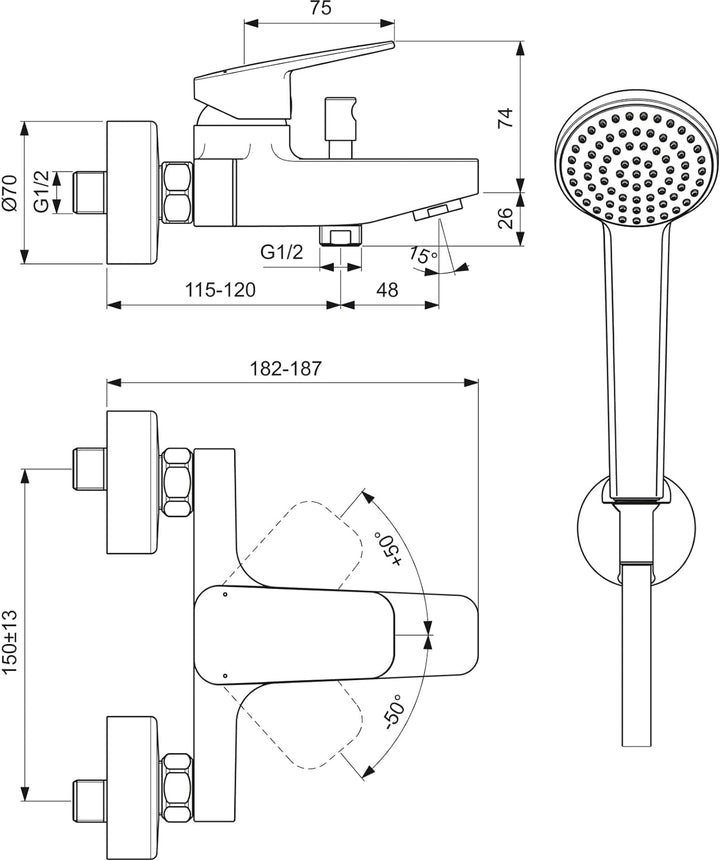 Ideal Standard BD258AA Ceraplan Badearmatur Aufputz Wanne mit Handbrause-Set Aufputz, Wanne mit Hand