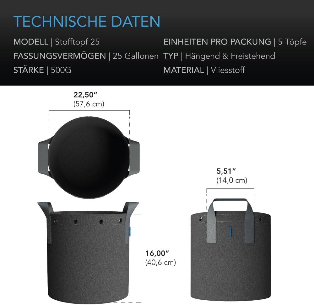 AC Infinity Stofftöpfe 94,6 Liter – 5er-Pack hochbelastbar 25 Gallon, 25 Gallon