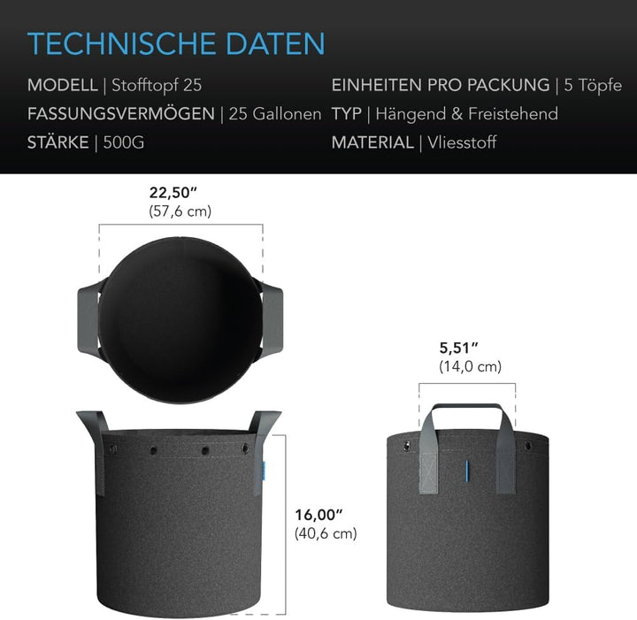 AC Infinity Stofftöpfe 94,6 Liter – 5er-Pack hochbelastbar 25 Gallon, 25 Gallon