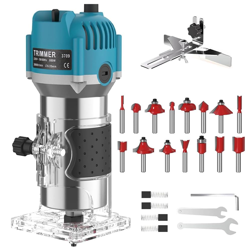 Holzfräse Oberfräse Professionell, 800W 30000 U/min Elektrischer Oberfräse Trimmer mit 15 Stück Fräs